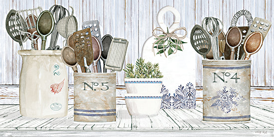 Cindy Jacobs CIN3863 - CIN3863 - Country Cupboard II - 18x9 vintage kitchen tools, rustic containers, ceramic utensil holders, farmhouse decor, kitchen art, painted utensils, wood panel backdrop, cozy kitchen scene from Penny Lane
