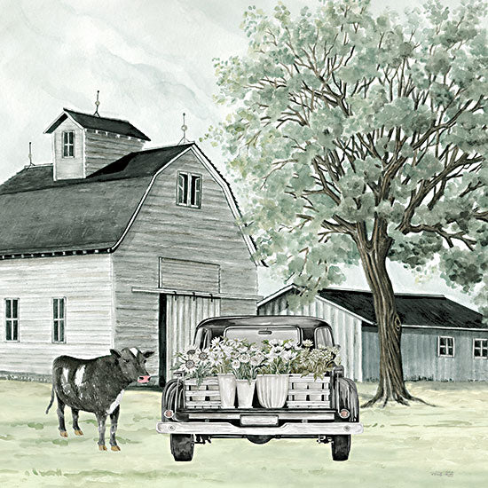 Cindy Jacobs CIN4012 - CIN4012 - Buttercup's Flowers - 12x12 vintage barn, classic truck, flowers in truck bed, farmhouse scene, cow, green meadow, country landscape, tree, spring farm, watercolor art from Penny Lane