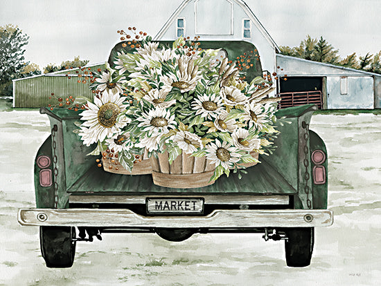 Cindy Jacobs CIN4107 - CIN4107 - Country Flower Delivery I  - 16x12 green farm truck, sunflowers in basket, rustic barn, country floral display, watercolor vintage truck, barnyard setting, decorative flowers from Penny Lane