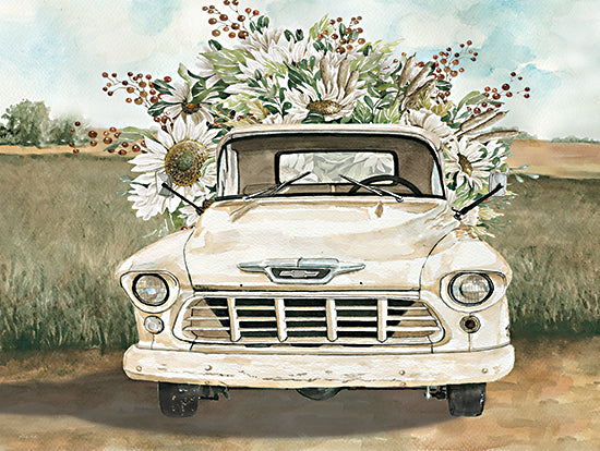 Cindy Jacobs CIN4108 - CIN4108 - Country Flower Delivery II  - 16x12 white vintage truck, sunflower bouquet, floral truck display, watercolor country truck, rustic truck with flowers, charming countryside, farmhouse style from Penny Lane