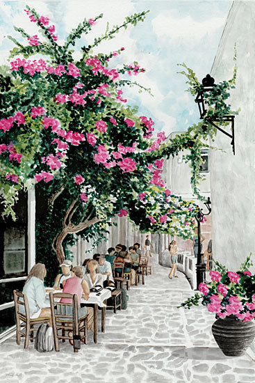 Cindy Jacobs CIN4311 - CIN4311 - Greek Café - 12x18 Greek cafe, street scene, bougainvillea flowers, European alleyway, people dining, charming travel destination, watercolor painting from Penny Lane