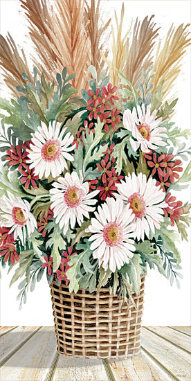 Cindy Jacobs CIN4313 - CIN4313 - Gerbers and Pampas Grass - 9x18 daisy flowers, white petals, pink centers, red wildflowers, basket arrangement, greenery, rustic wood floor, watercolor, autumn foliage from Penny Lane