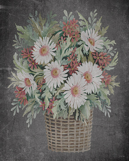 Cindy Jacobs CIN4315 - CIN4315 - Aged Floral Beauty I - 12x16 white daisies with red flowers, wicker basket, green foliage, chalkboard background, dark tones, rustic floral decor, watercolor floral art from Penny Lane