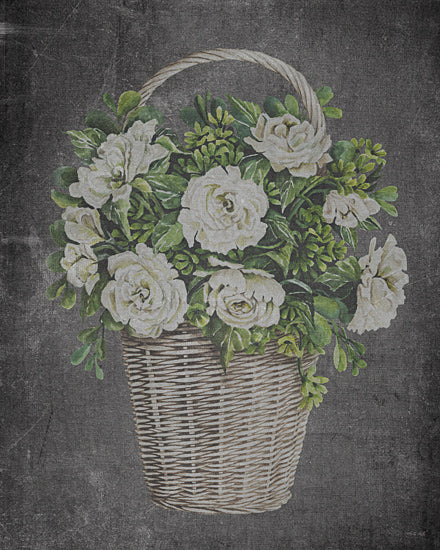 Cindy Jacobs CIN4316 - CIN4316 - Aged Floral Beauty II - 12x16 white roses, green foliage, wicker basket with handle, dark chalkboard style background, rustic watercolor floral, vintage feel from Penny Lane