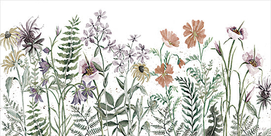 Cindy Jacobs CIN4375 - CIN4375 - Tapestry of Summer I - 18x9 wildflowers watercolor, botanical illustration, green leaves, purple and orange blooms, natural art, hand-painted flora, gentle floral border from Penny Lane