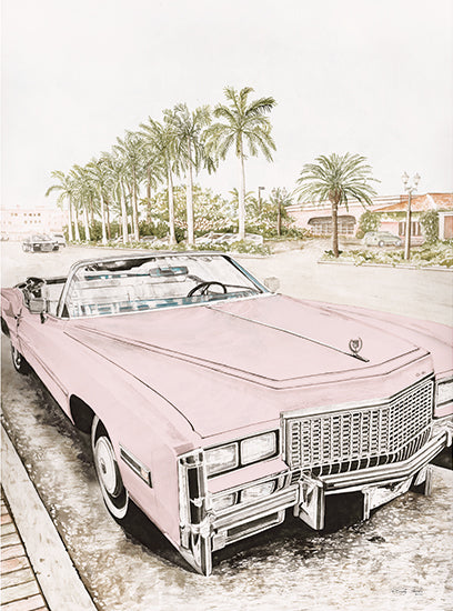 Cindy Jacobs CIN4391 - CIN4391 - Coastal Cruisin'   - 12x16 pink classic cadillac, palm trees, sunny day, miami retro street, vintage car, watercolor illustration, tropical setting from Penny Lane