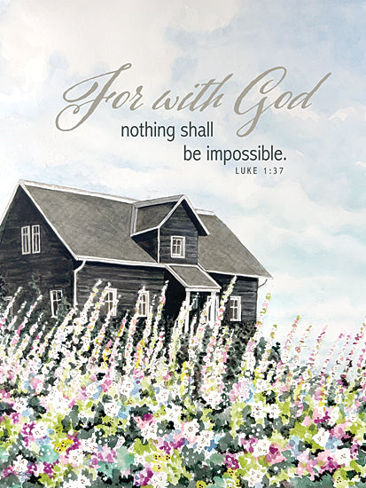 Cindy Jacobs CIN4392 - CIN4392 - For With God - 12x16 black farmhouse, inspirational quote, religious scripture, flowering garden, cloudy sky, forest, Luke 1:37, watercolor from Penny Lane
