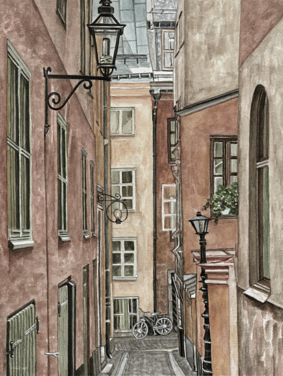 Cindy Jacobs CIN4393 - CIN4393 - A Glimpse of Old Stockholm - 12x16 narrow alleyway, vintage bike, old European town, rustic buildings, street lanterns, cobblestone path, window flower box, watercolor from Penny Lane