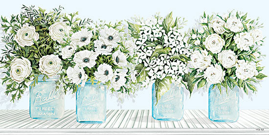 Cindy Jacobs CIN4407 - CIN4407 - Mason Jar Magic   - 18x9 white ranunculus, white anemones, white hydrangeas, white peonies, mason jars, farmhouse decor, blue jars, white flowers, green foliage, watercolor floral, bouquet arrangement, cottagecore from Penny Lane