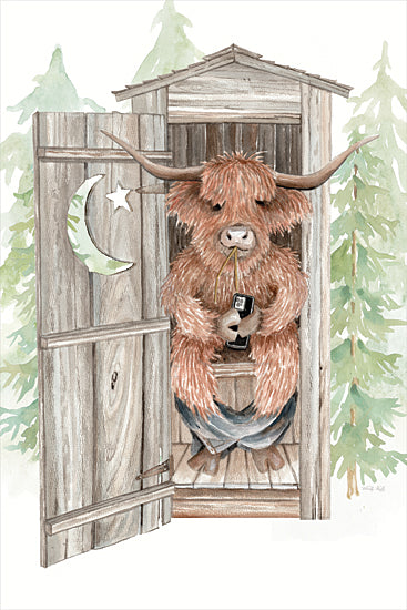 Cindy Jacobs CIN4413 - CIN4413 - Lost in the Scroll - 12x16 funny highland cow, watercolor cow in outhouse, comical animal art, rustic lodge humor, barnyard scene, whimsical wildlife from Penny Lane
