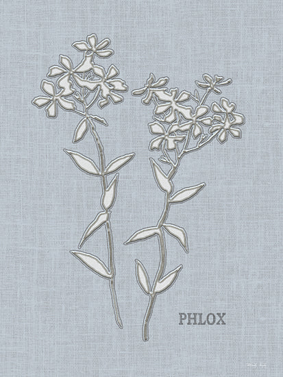 Cindy Jacobs CIN4420 - CIN4420 - Embroidered Phlox - 12x16 botanical illustration, phlox flowers, blue linen texture, outlined plant, modern floral design, botanical print, watercolor style from Penny Lane