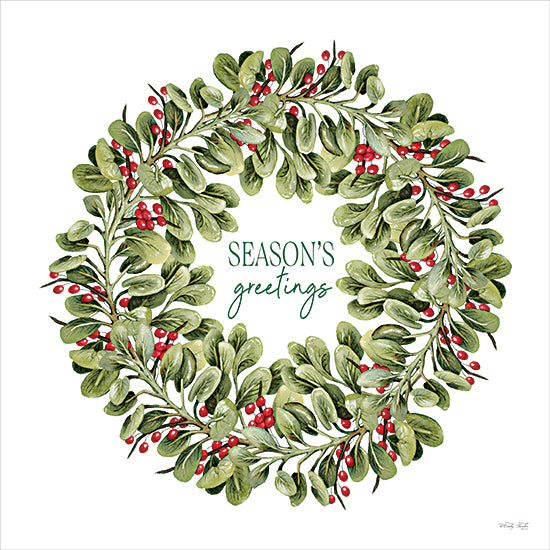 Cindy Jacobs CIN4436 - CIN4436 - Season's Greetings Wreath - 12x12 holiday wreath, mistletoe, red berries, season’s greetings text, winter foliage, Christmas design, seasonal decor from Penny Lane