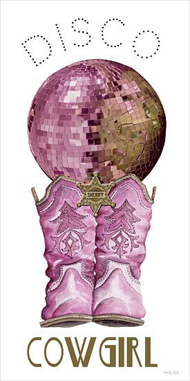 Cindy Jacobs CIN4477 - CIN4477 - Disco Cowgirl - 9x18 disco cowgirl, sheriff badge, mirrored disco ball, pink boots, western dance theme, country music fun, playful art, watercolor sparkle from Penny Lane