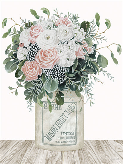 Cindy Jacobs CIN4492 - CIN4492 - Farm Fresh Flowers I - 12x16 watercolor blush and white bouquet; antique mason fruit jar; stoneware crock; pink roses and white ranunculus; eucalyptus and greenery; farmhouse floral arrangement; romantic country decor; neutral pastel palette; vintage jar centerpiece; botanical still life; rustic cottage flowers; soft feminine floral art from Penny Lane