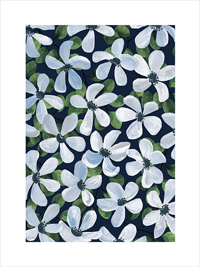 Cindy Jacobs CIN4499 - CIN4499 - Poppy Fields I - 12x16 white floral pattern, hand-painted flowers, dark blue background, green leaves, botanical texture, decorative petals, brush stroke texture, folk art, flower cluster, seamless wallpaper style from Penny Lane