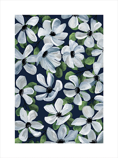 Cindy Jacobs CIN4500 - CIN4500 - Poppy Fields II - 12x16 painterly floral art, white petals, green leaf contrast, indigo background, expressive flowers, textured botanical art, brush stroke design, vibrant foliage from Penny Lane