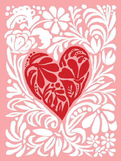 Cindy Jacobs CIN4550 - CIN4550 - Red Heart - 12x16 Valentine's Day card, red heart floral design, pink background, romantic motif, folk art valentine, cut paper effect, decorative heart centerpiece from Penny Lane