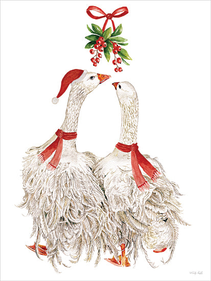Cindy Jacobs CIN4551 - CIN4551 - Mistletoe Mischief - 12x16 Christmas geese kissing, mistletoe, Santa hats, red ribbon scarves, winter farm birds, holiday couple theme, rustic Christmas art, whimsical fowl from Penny Lane