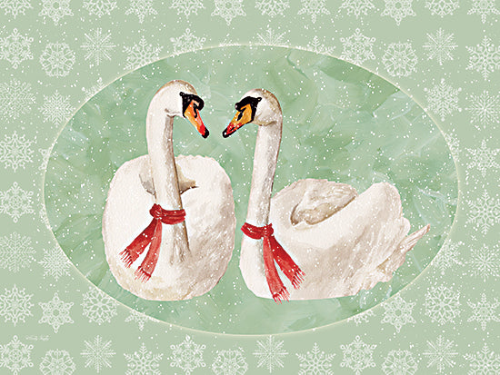 Cindy Jacobs CIN4552 - CIN4552 - Snowflake Swans - 16x12 Christmas swans with scarves, mistletoe setting, snowy background, red accessories, seasonal animal couple, romantic winter scene, green festive theme from Penny Lane