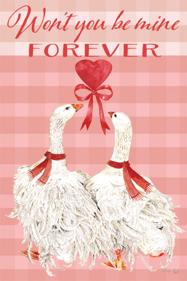 Cindy Jacobs CIN4583 - CIN4583 - Won't You Be Mine Forever Geese - 12x18 valentine geese, romantic geese, heart ribbon, pink checkered background, Valentine’s Day art, farm animal love, whimsical birds, romantic illustration from Penny Lane