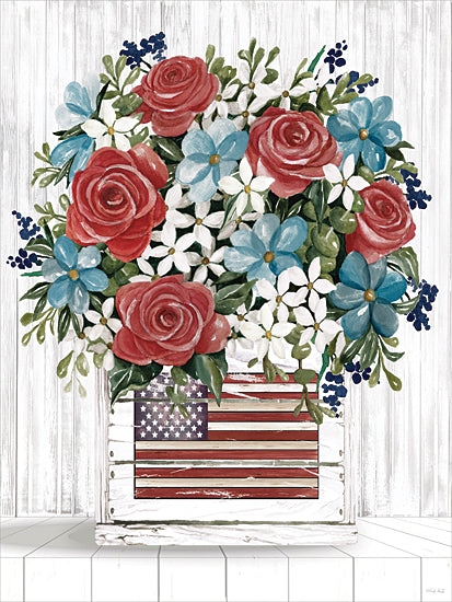 Cindy Jacobs CIN4664 - CIN4664 - Patriotic Blooms - 12x16 Floral bouquet, red roses, white flowers, blue flowers, American flag crate, rustic container, patriotic still life, farmhouse style from Penny Lane