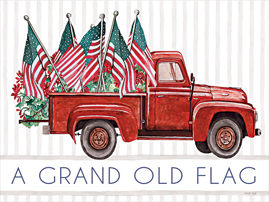 Cindy Jacobs CIN4666 - CIN4666 - A Grand Old Flag - 16x12 Red truck, vintage pickup, American flags, patriotic décor, watercolor flowers, rustic vehicle, A Grand Old Flag typography, Americana art from Penny Lane