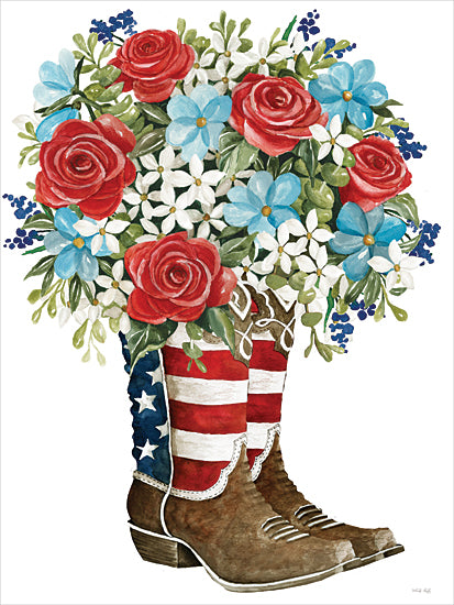 Cindy Jacobs CIN4668 - CIN4668 - Patriotic Boots - 12x16 Cowboy boots, American flag pattern, red roses, blue flowers, rustic western theme, patriotic floral arrangement, farmhouse style décor from Penny Lane