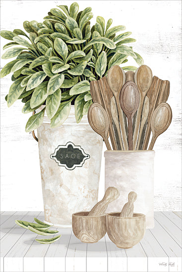 Cindy Jacobs CIN4692 - CIN4692 - Fresh Sage - 12x18 sage plant, wooden spoons, mortar and pestle, kitchen decor, greenery watercolor, herb pot, rustic still life, farmhouse art, cooking theme, natural palette from Penny Lane
