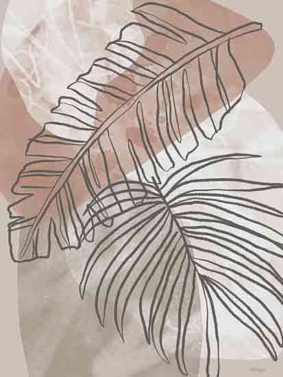 Cat Thurman Designs CTD177 - CTD177 - Layered Leaves 1 - 12x16 abstract leaf line art, tropical frond outlines, soft watercolor blobs, minimal botanical drawing, muted red and sage green tones, modern foliage design from Penny Lane