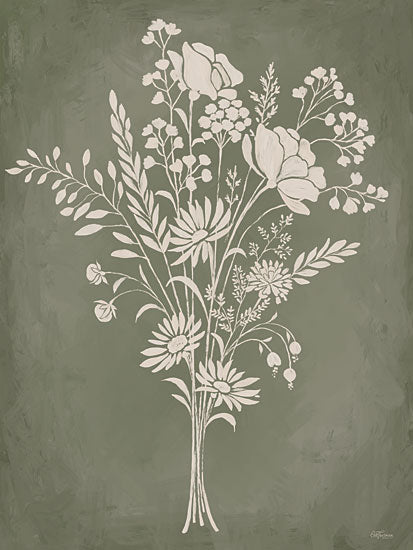 Cat Thurman Designs CTD281 - CTD281 - Silhouette Bouquet 1 - 12x16 white floral bouquet silhouette, botanical sketch style, green background, vintage chalk style flora, modern rustic wildflowers from Penny Lane
