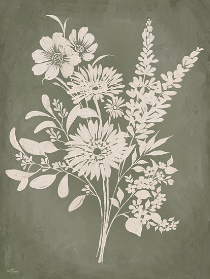 Cat Thurman Designs CTD282 - CTD282 - Silhouette Bouquet 2 - 12x16 botanical wildflower illustration, green painted backdrop, white flower sketch, rustic bloom silhouette, vintage meadow bouquet from Penny Lane
