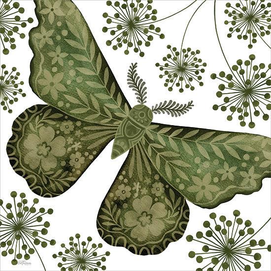 Cat Thurman Designs CTD290 - CTD290 - Decorated Moth - 12x12 green patterned moth, botanical insect illustration, floral moth wings, symmetrical nature art, folk art style butterfly, blooming dandelions from Penny Lane