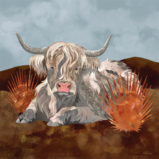 Cat Thurman Designs CTD362 - CTD362 - Fluffy Fellow - 12x12 resting highland cow, mountain backdrop, rugged terrain, textured illustration, farm life, rustic art, stylized animal from Penny Lane