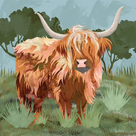 Cat Thurman Designs CTD363 - CTD363 - Highland Hairdo - 12x12 Highland cow, shaggy fur, long horns, grassy field, whimsical, painterly texture, countryside, nature, animal portrait, warm tones from Penny Lane