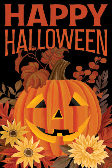 Cat Thurman Designs CTD372 - CTD372 - Happy Halloween Jack O'Lantern - 12x16 jack-o-lantern, pumpkin, sunflowers, autumn leaves, Halloween celebration, festive design, orange and black theme, spooky season, seasonal decor, fall foliage from Penny Lane