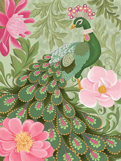 Cat Thurman Designs CTD383 - CTD383 - Providence Peacock - 12x16 Peacock, stylized feathers, lush florals, bright greens and pinks, ornamental, elegant bird, decorative pattern from Penny Lane