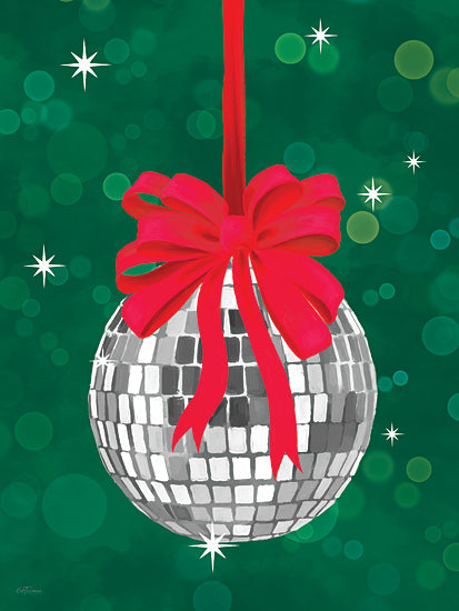 Cat Thurman Designs CTD389 - CTD389 - Disco Ball Ornament - 12x16 Silver disco ball, red bow, festive ornament, holiday cheer, hanging decoration, glowing green background from Penny Lane