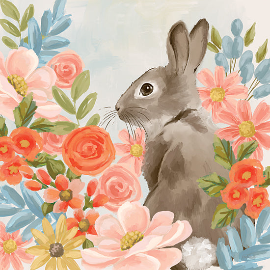 Cat Thurman Designs CTD398 - CTD398 - Bunny in the Blooms - 12x12 cute gray bunny, surrounded by pink flowers, springtime animal, whimsical animal illustration, floral garden, bright playful palette, pastel tones, adorable bunny art from Penny Lane
