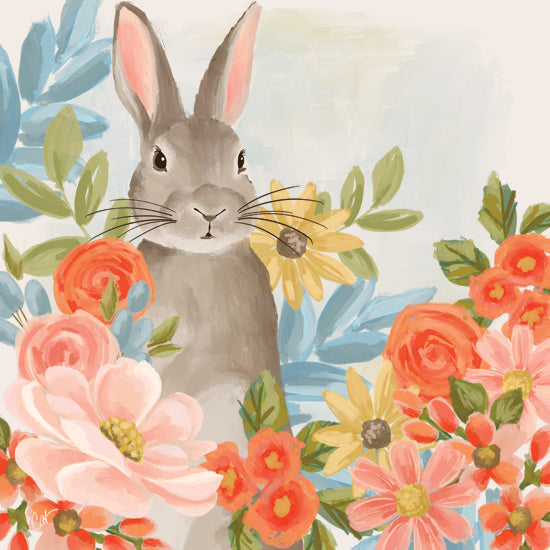 Cat Thurman Designs CTD405 - CTD405 - Floral Bunny - 12x12 gray bunny with upright ears, surrounded by bright flowers, pastel botanical garden, cute animal illustration, springtime art, floral accents, whimsical mood from Penny Lane