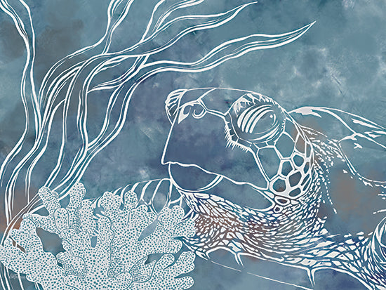 Cat Thurman Designs CTD406 - CTD406 - Underwater Harmony - 16x12 sea turtle, coral reef, underwater, ocean life, marine, aquatic plants, blue tones, line art, hand drawn, watercolor texture from Penny Lane