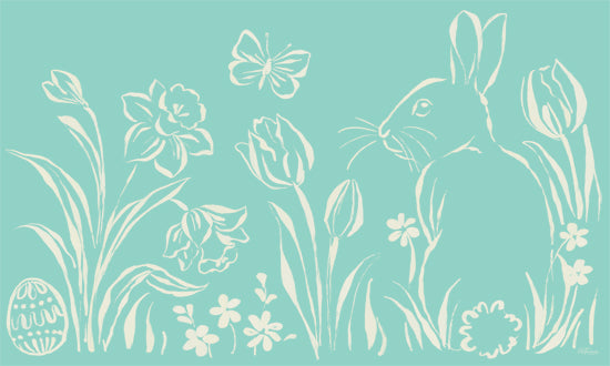 Cat Thurman Designs CTD418 - CTD418 - Teal Floral and Bunny - 18x12 Minimal rabbit silhouette, daffodils, tulips, butterfly, Easter egg, spring floral line art from Penny Lane