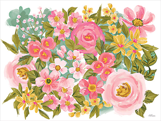 Cat Thurman Designs CTD422 - CTD422 - Flowers From Above - 16x12 floral painting, pink roses, yellow flowers, green leaves, botanical, bright blooms, spring garden, expressive brushstrokes from Penny Lane