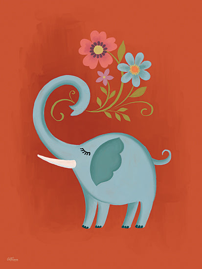 Cat Thurman Designs CTD428 - CTD428 - Trunk Full of Flowers - 12x16 whimsical elephant, floral bouquet, red background, cartoon animal, stylized elephant, fun wall art from Penny Lane