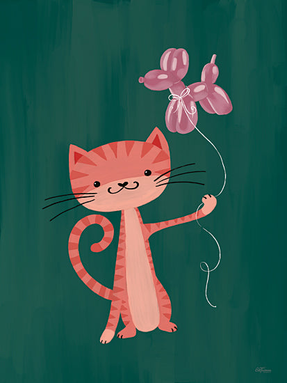 Cat Thurman Designs CTD429 - CTD429 - Balloon Buddy - 12x16 cat illustration, balloon animal, cute pink cat, green background, whimsical art, children's design, stylized pet from Penny Lane