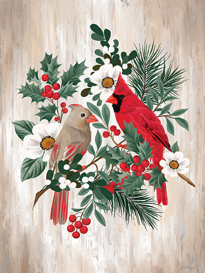 Cat Thurman Designs CTD443 - CTD443 - Cardinal Couple - 12x12 cardinals, red cardinal, female cardinal, winter birds, holly berries, white flowers, evergreen branches, holiday botanical, Christmas bird art, red and green palette, rustic wood background, festive floral arrangement, nature illustration, seasonal wildlife, bird pair, winter greenery, hand painted decor, Christmas wall art, holiday wreath feel, botanical birds, cheerful winter scene, cardinal couple from Penny Lane