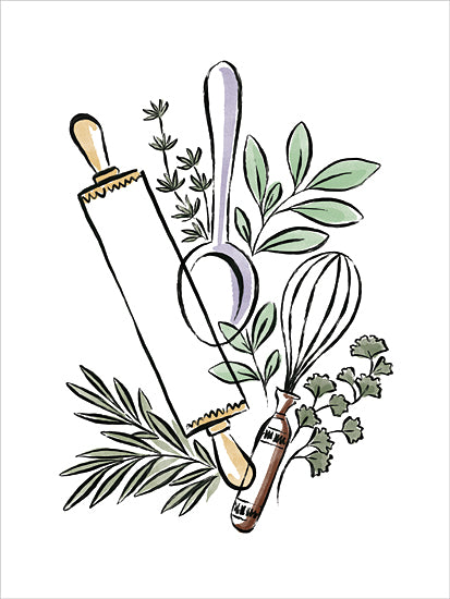 Cat Thurman Designs CTD446 - CTD446 - Cooking with Herbs - 12x16 illustrated culinary herb arrangement, kitchen utensils, rolling pin, whisk, spoon, fresh herbs, basil, parsley, thyme, leafy greens, white background, loose line art, watercolor accents, cooking tools, botanical kitchen decor, simple farmhouse kitchen art from Penny Lane