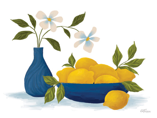 Cat Thurman Designs CTD453 - CTD453 - Bowl of Lemons - 16x12 still life with lemons, blue vase and bowl, white flowers, citrus artwork, modern farmhouse kitchen decor, food and drink still life, painterly art from Penny Lane