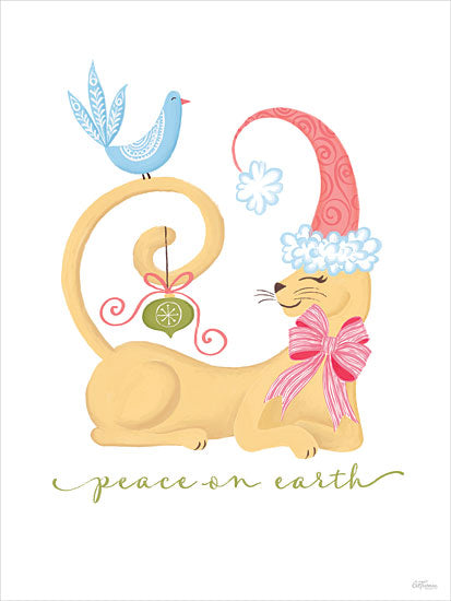 Cat Thurman Designs CTD466 - CTD466 - Peace on Earth - 12x16 peace on earth, Christmas cat, sleeping cat illustration, Santa hat, pink bow, ornament, bird on tail, whimsical holiday art, cute animal, Christmas decor, pastel Christmas, feminine Christmas, nursery holiday, hand painted style, word art from Penny Lane