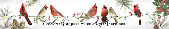 Dogwood Portfolio DOG238 - DOG238 - Cardinals Appear When Angels are Near  - 36x6 cardinal birds on string lights, christmas pine decor, red birds in winter, inspirational holiday message, snowy theme, pinecones and berries, seasonal illustration from Penny Lane