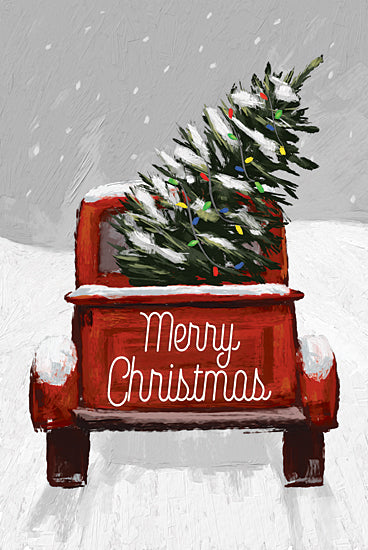 Dogwood Portfolio DOG240 - DOG240 - Merry Christmas Truck     - 12x18 merry christmas red truck, christmas tree in bed, snow falling, classic holiday illustration, painted look, snowy landscape, festive lights, wintertime message from Penny Lane